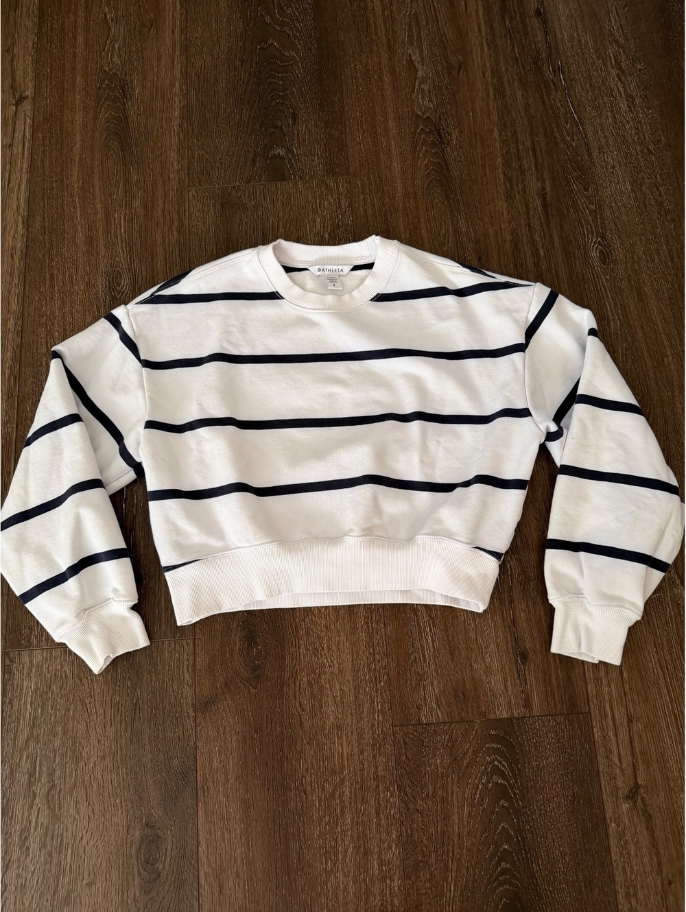 Athleta White Navy Stripe Cropped Crewneck Sweatshirt Small, Preppy, Coastal